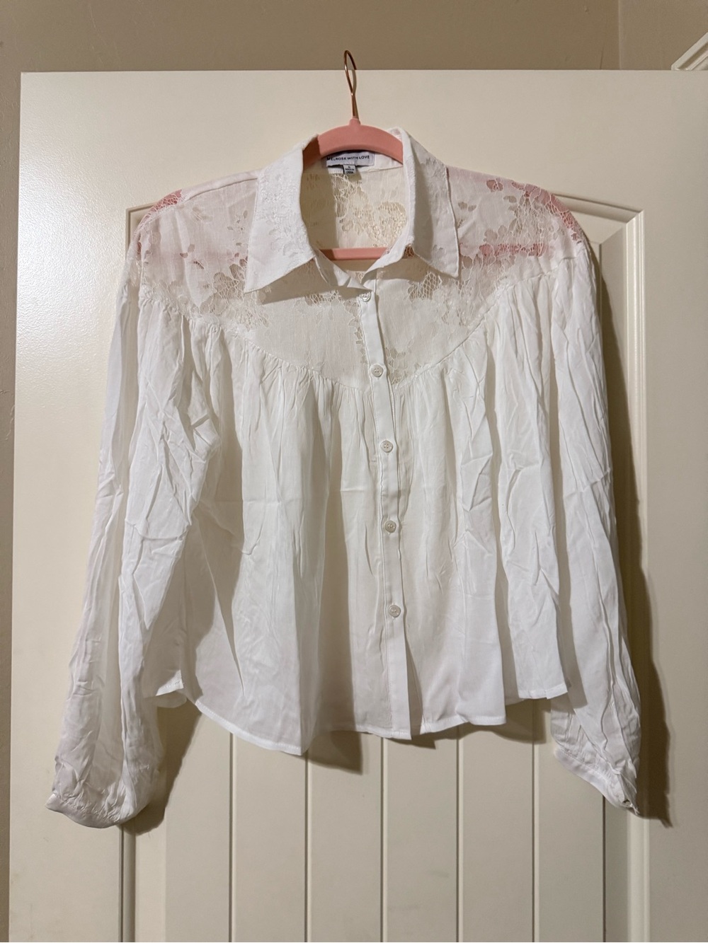 Women's White Lace Yoke Button-Down Shirt - Classic Collared Blouse NWOT
